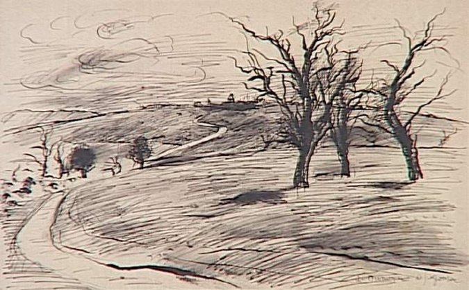 André Dunoyer de Segonzac - Les trois arbres, à gauche route sinueuse