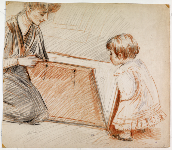 Paul Helleu - Madame Helleu, à genoux, regardant un carton à dessin avec Paulett...