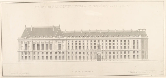 Projet de reconstruction du Ministère des Colonies, façade latérale, élévation - Gaston Redon