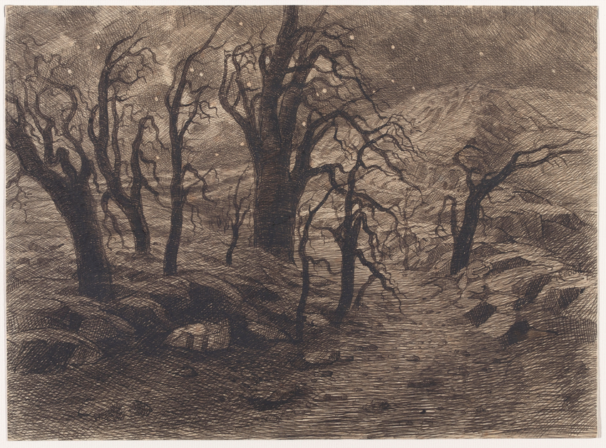 Paysage fantastique, arbres morts et nuit étoilée - Gaston Redon