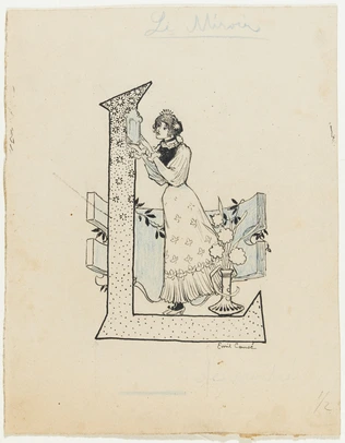 Lettre ornée L, jeune femme se regardant dans un miroir - Emile Causé