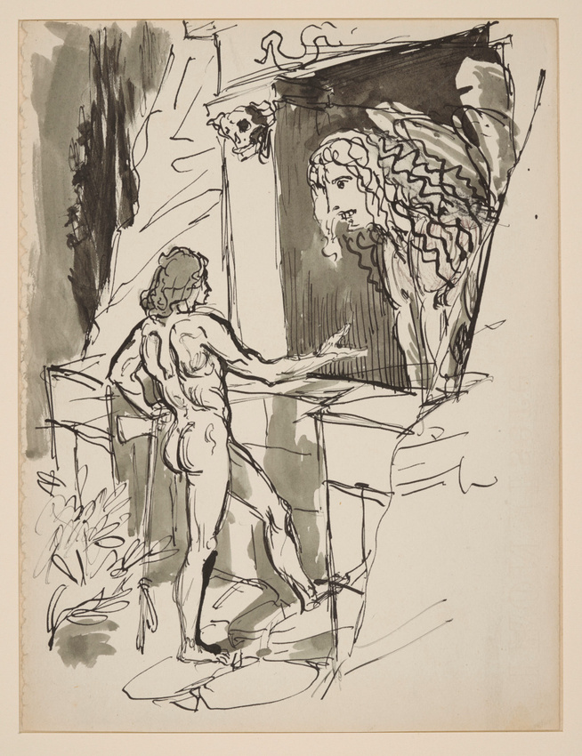 Eugène Grasset - Scène mythologique : Oedipe face au sphinx dans un paysage