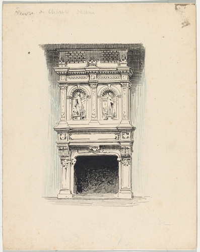 Joseph Chéret - Dessin d'une cheminée monumentale, bandeau surmonté de deux nich...