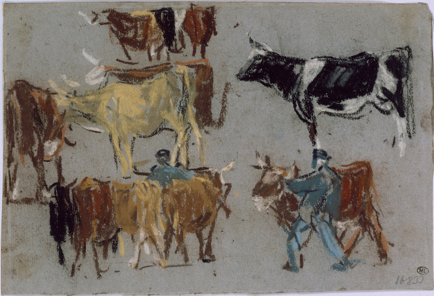 Eugène Boudin - Etudes de vaches et homme conduisant une vache