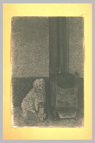 Léon Bonvin - Un caniche blanc et un chat près d'un poêle