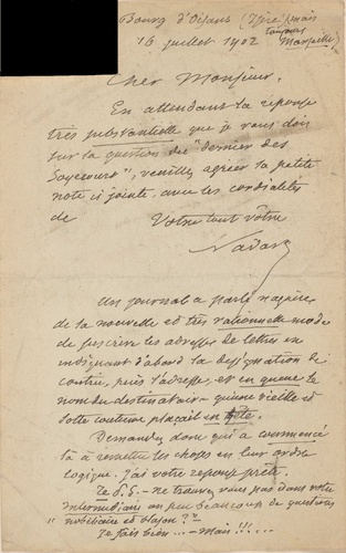 Nadar - Lettre de Félix Nadar, destinataire non identifié (évoque les questions ...