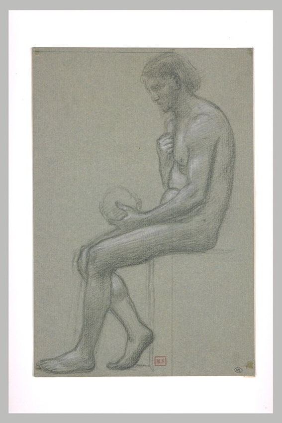 Pierre Puvis de Chavannes - Homme nu assis, de profil à gauche, tenant un crâne ...