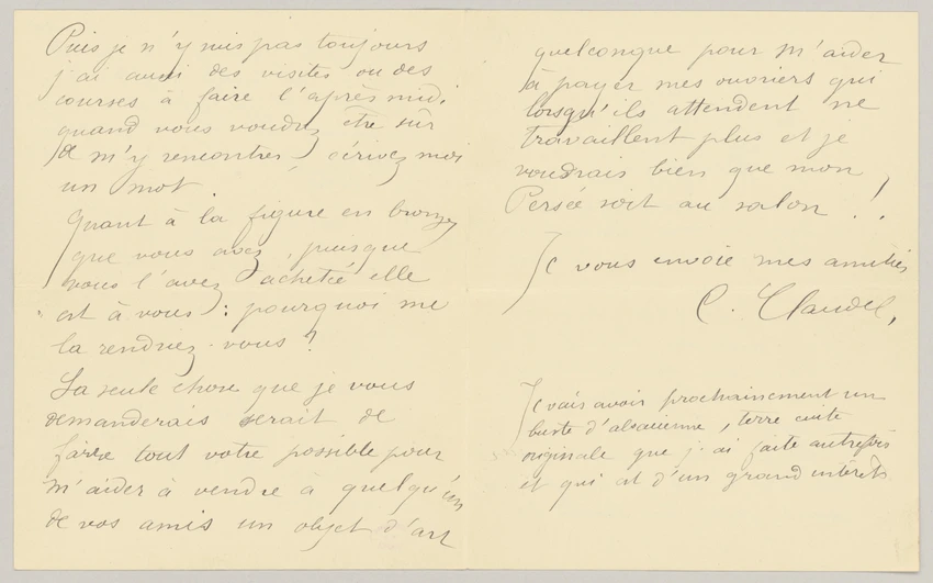 Camille Claudel - Lettre de Camille Claudel au capitaine Tissier qui met à dispo...