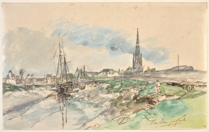 Johan Barthold Jongkind - Vue du port d'Harfleur à marée basse, avec le clocher ...
