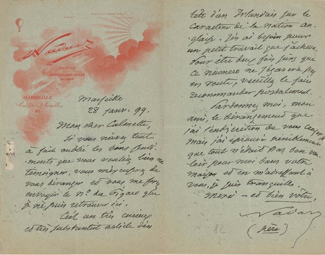 Nadar - Lettre manuscrite de Nadar à Gaston Calmette, signée et datée