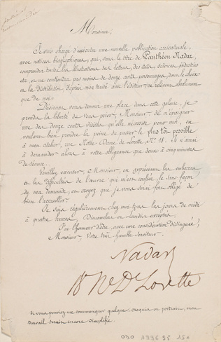 Nadar - Lettre de Félix Nadar en vue de la préparation du Panthéon (celle-ci est...