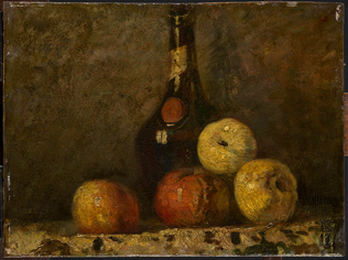Charles Cottet - Nature morte : pommes et bouteille