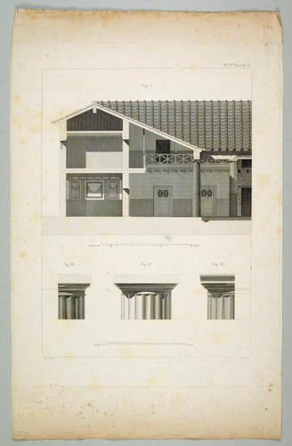 Anonyme - Maison antique en coupe et chapiteaux