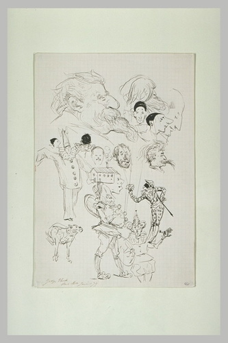 Georges Clairin - Feuilles d'études de têtes ; Pierrot ; Arlequin ; Polichinelle...