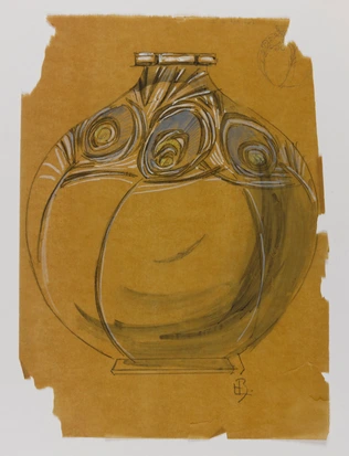 Lucien Bonvallet - Modèle de vase rond à décor de plumes de paon, esquisse de va...