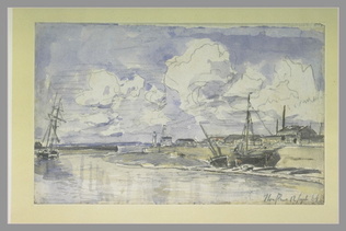 Johan Barthold Jongkind - Le port d'Honfleur à marée basse, avec des bateaux éch...