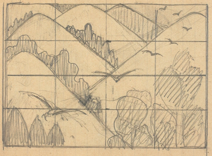 Eugène Grasset - Paysage stylisé , mise au carreau (recto et verso)