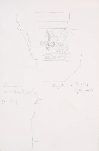 Elévation partielle d'un chapiteau à 8 pans, profil du socle et de la base d'une colonne dans l'hôtel des trois Piliers à Beauvais - Victor Ruprich-Robert