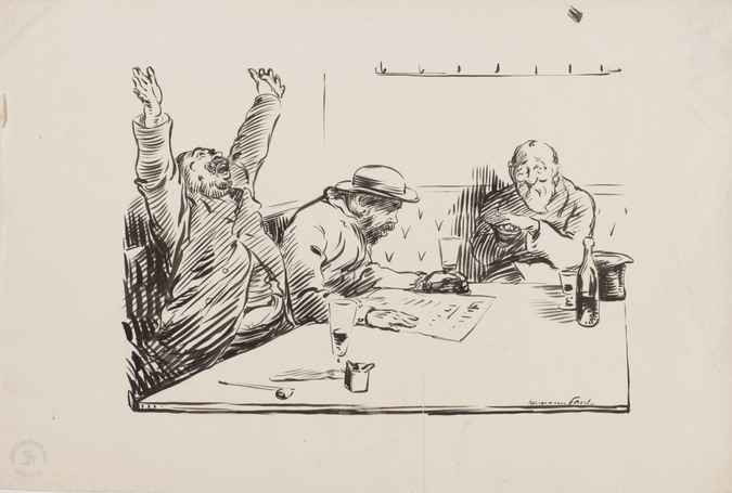 René Hermann-Paul - Trois hommes attablés réagissant à la lecture du journal