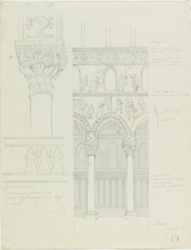 Alphonse Gosset - Monreale, église, une travée de la nef, détail d'un chapiteau ...