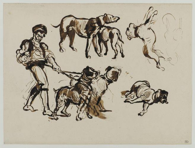 Alfred Dehodencq - Homme retenant ses chiens, et études de chiens