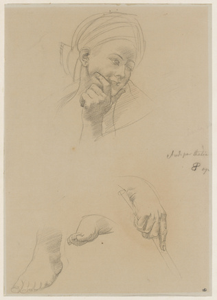 Paul Baudry - Tête de femme avec un turban , deux études de pieds et une main