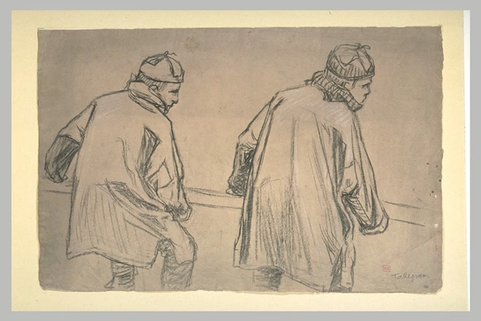 Francis Tattegrain - Etude de deux hommes en blouses, de dos, transportant une p...