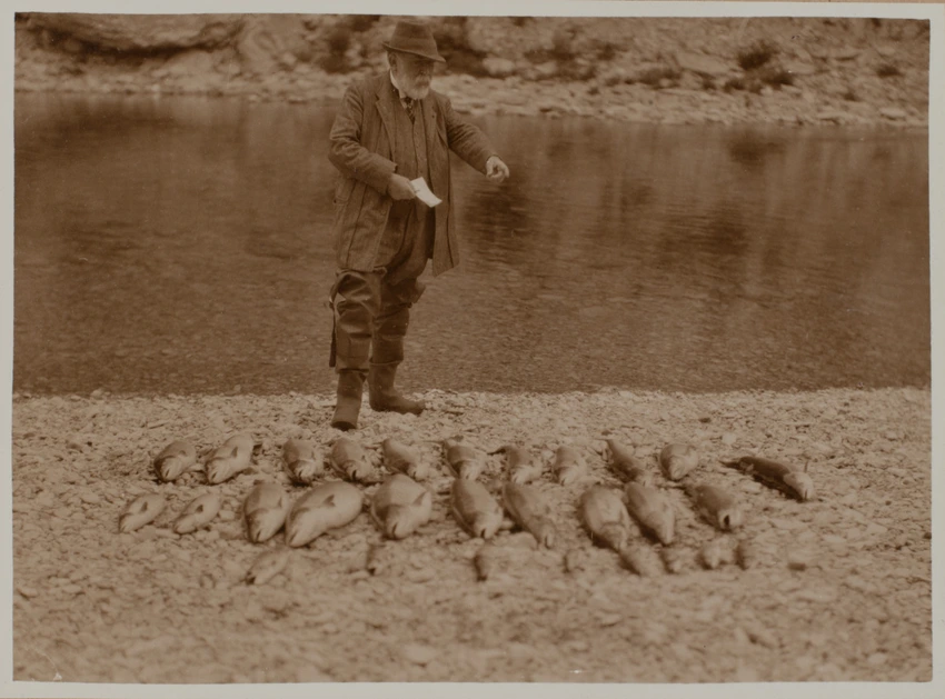 Anticosti, Gaston Menier comptant des poissons sur la plage - Anonyme