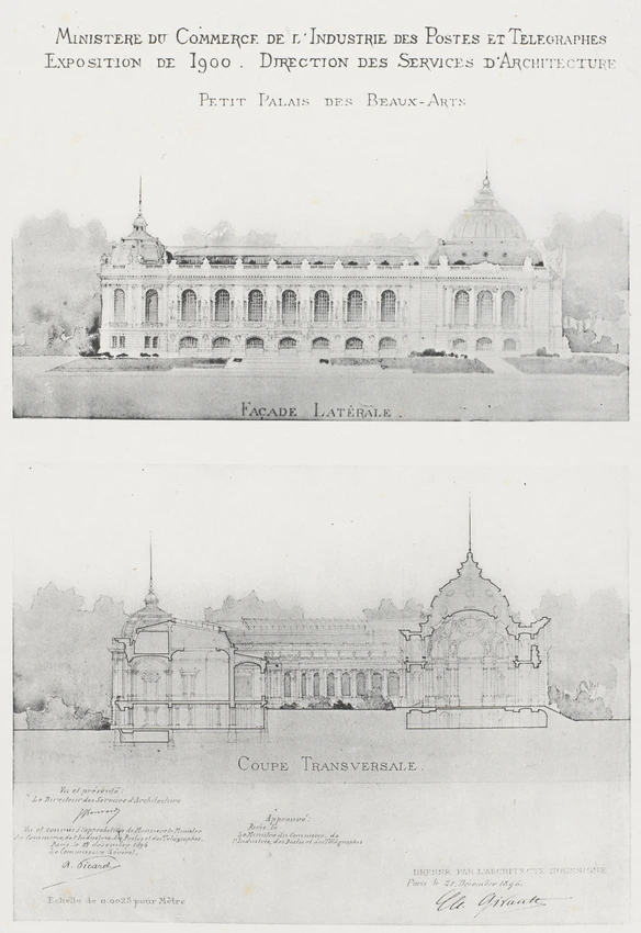 Projet de 1896 pour le Petit Palais des Beaux-Arts à l'Exposition universelle de 1900, façade latérale et coupe transversale - Charles Girault