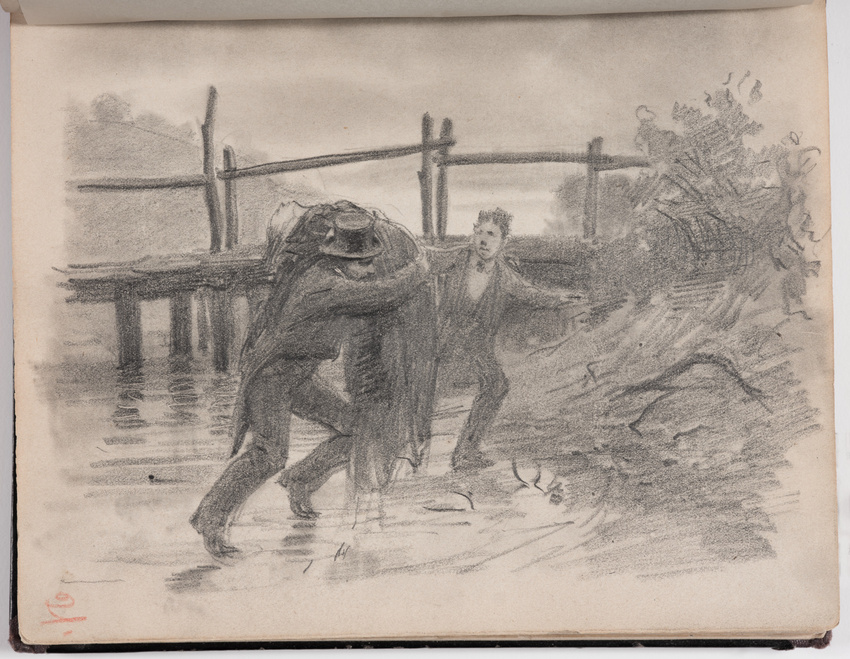 Étude pour une peinture inconnue ou non réalisée d’hommes sortant une ...