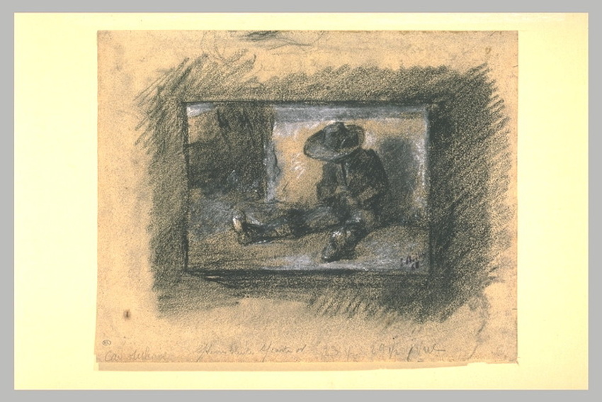 Emile Boilvin - Homme coiffé d'un grand feutre, assis sur le sol