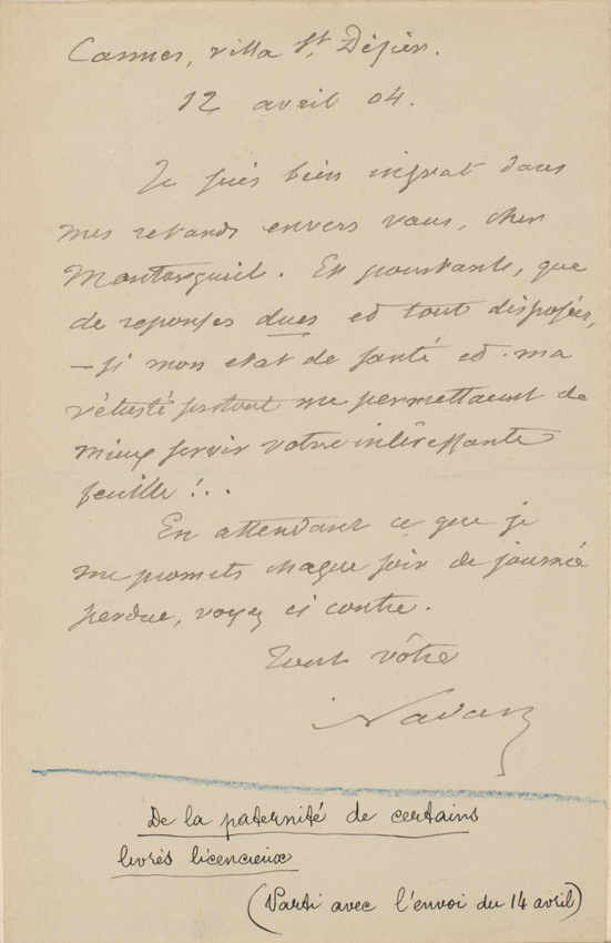 Nadar - Lettre de Félix Nadar adressée à Montorgueil, envoyée de Cannes (évoque ...