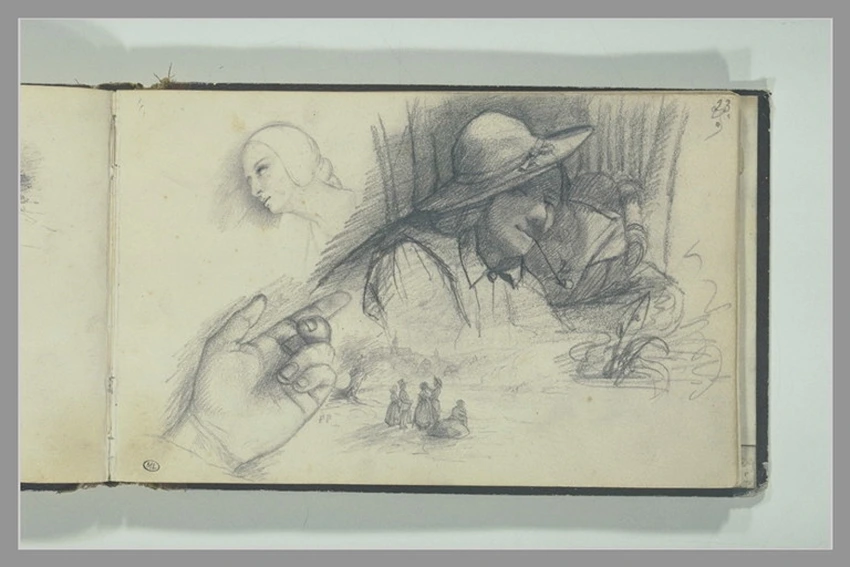 Gustave Courbet - Etudes d'une main, de figures en buste et de figures dans la c...