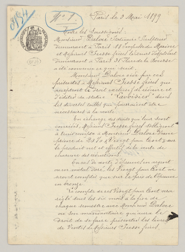 Contrat Dalou du 3 mai 1899 - Aimé Jules Dalou