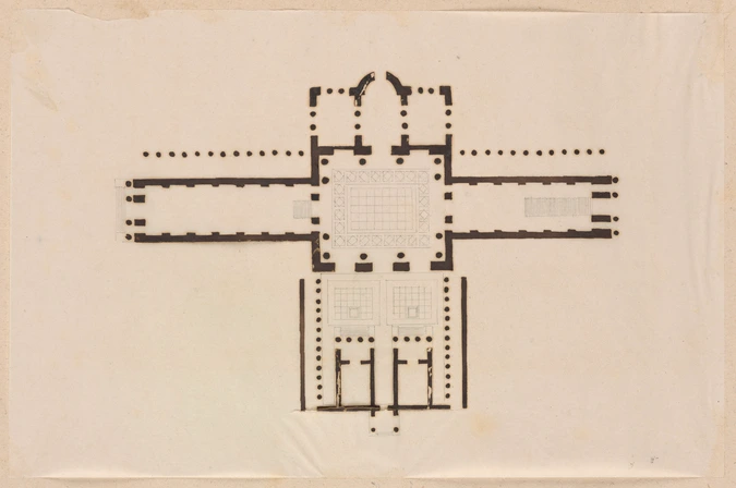 Edouard Villain - Plan d’un édifice rectangulaire présentant une abside, de part...
