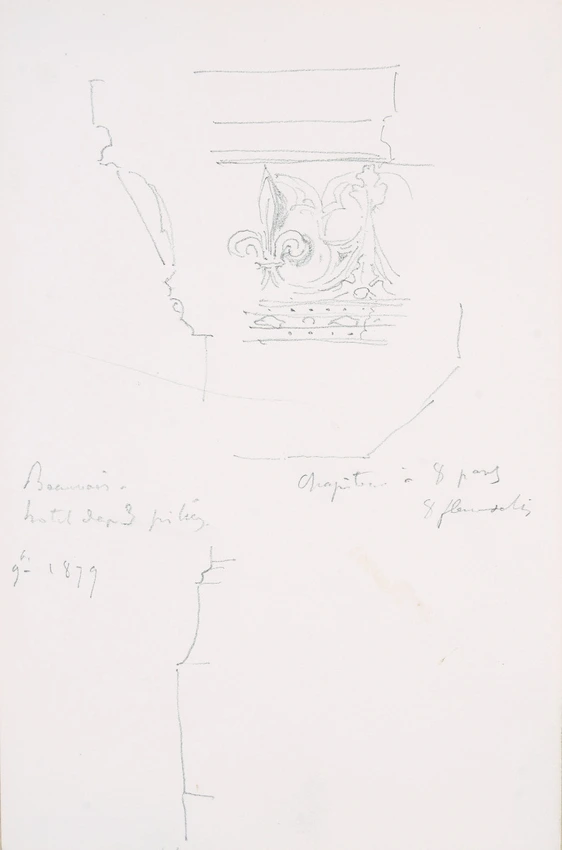 Elévation partielle d'un chapiteau à 8 pans, profil du socle et de la base d'une colonne dans l'hôtel des trois Piliers à Beauvais - Victor Ruprich-Robert