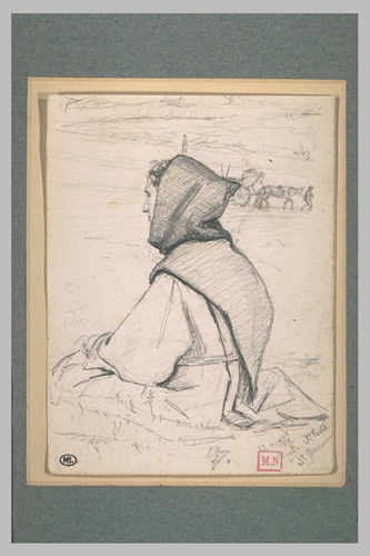 Carolus-Duran - Moine, assis, de dos, capuchon sur la tête, et paysage