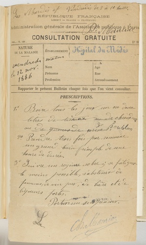 Anonyme - Bulletin de consultation gratuite de l'hôpital du Midi, 12 novembre 18...