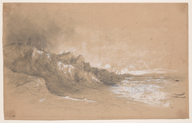 Eugène Boudin - Mer déferlant sur une plage avec des barques échouées ou La Fala...
