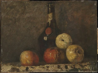 Charles Cottet - Nature morte : pommes et bouteille