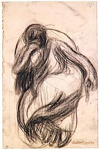 Eugène Carrière - Femme assise, dans un fauteuil, de face, tenant son front de s...