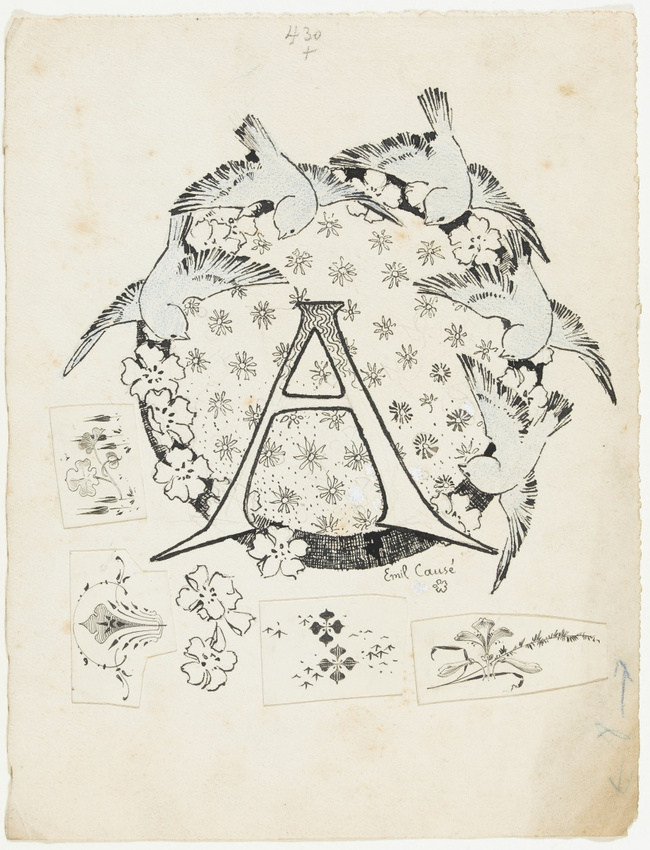 Emile Causé - Lettre ornée A, hirondelles et fleurs