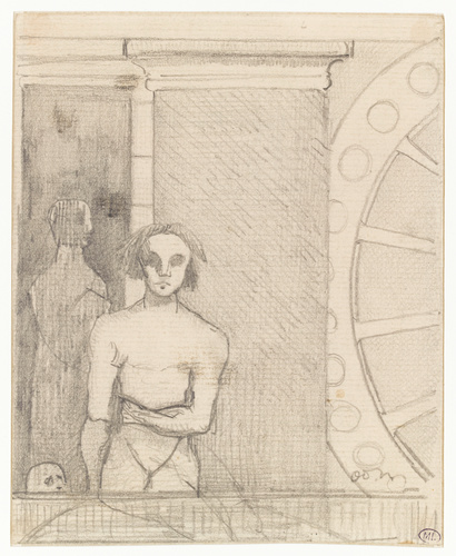 Odilon Redon - Homme nu, vu de face, devant un mur, et grande roue sur la droite