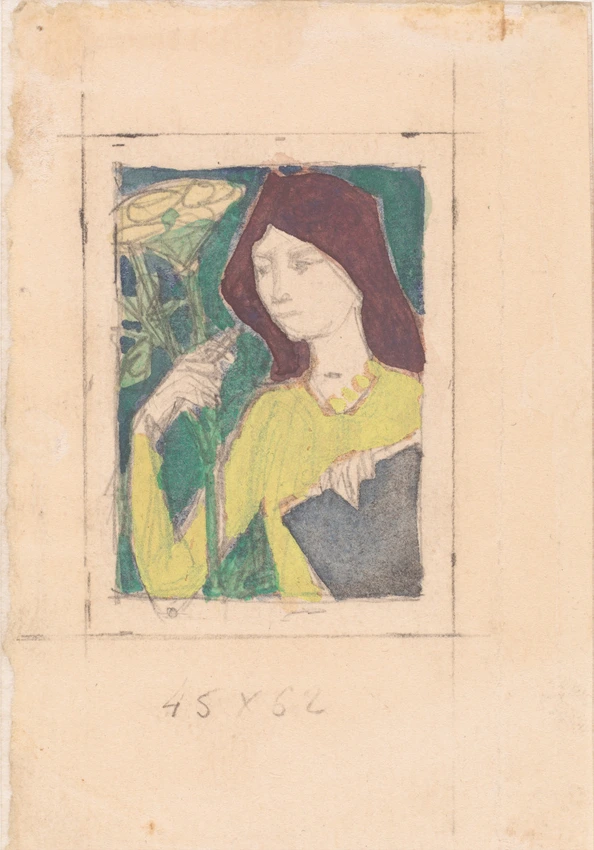 Eugène Grasset - Femme en buste tenant une fleur et une ombrelle dans un rectang...