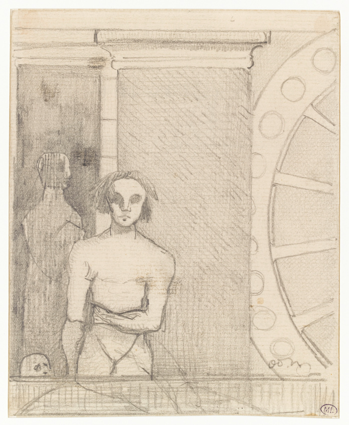 Odilon Redon - Homme nu, vu de face, devant un mur, et grande roue sur la droite