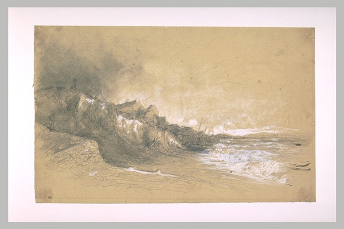 Eugène Boudin - Mer déferlant sur une plage avec des barques échouées ou La Fala...
