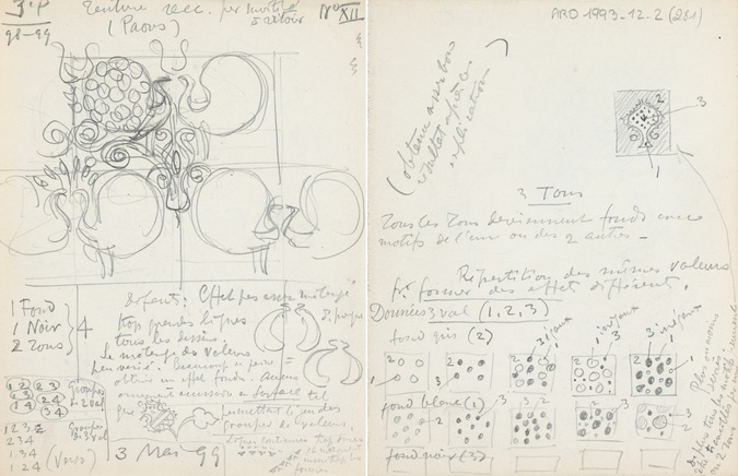 Eugène Grasset - Motifs de paons pour une tenture (verso) ; Répartition des tons...