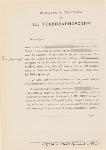 Anonyme - Déclaration de souscription au Télégraphoscope