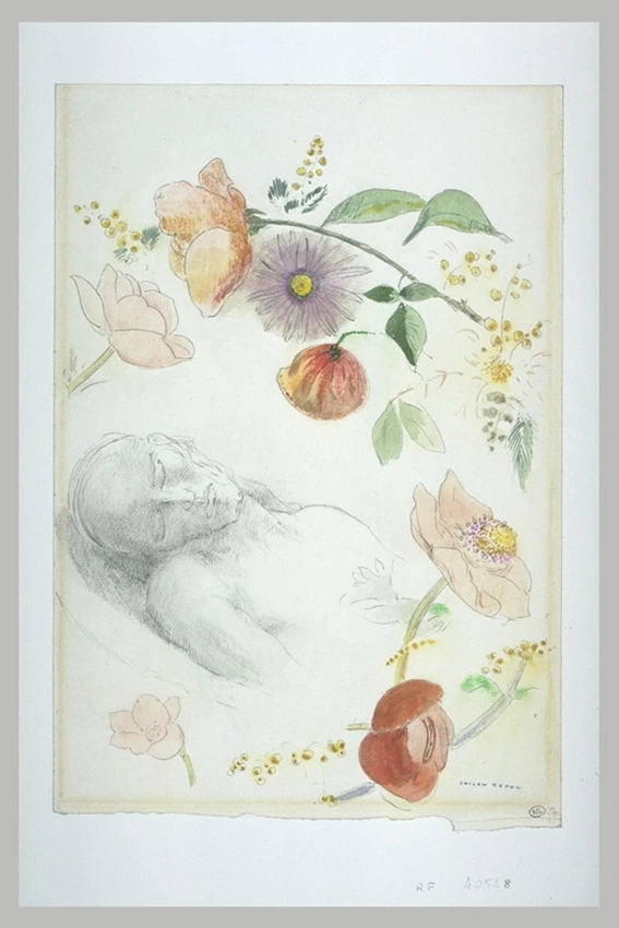 Odilon Redon - Buste d'homme aux yeux clos, entouré de fleurs (pavot, renoncule,...