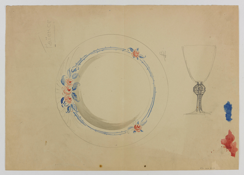 Lucien Bonvallet - Modèle de décor d'assiette ou de plat à motif de roses et mod...